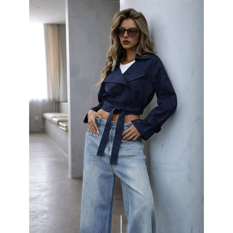 Womens Cropped Trench Coat Lapel Double Breasted Short Jacket