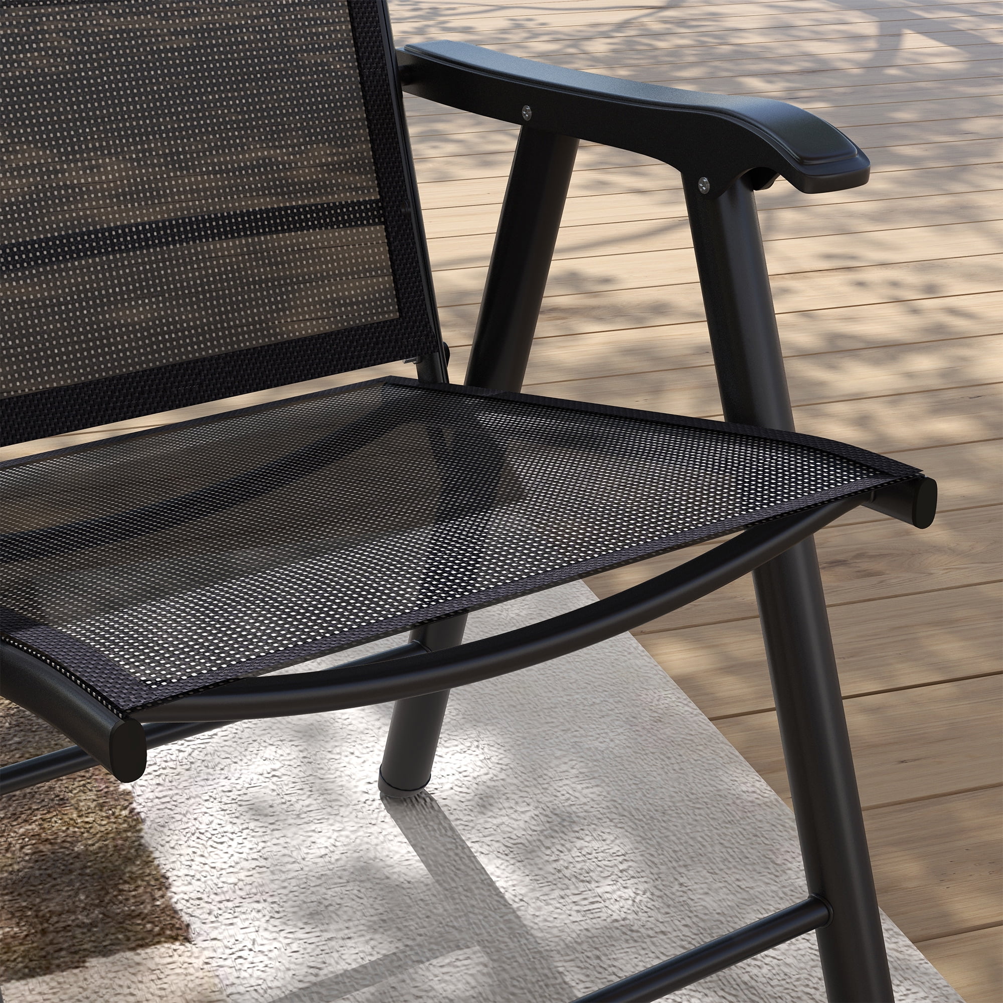 Set of 4 Patio Folding Chairs, Stackable Outdoor Sling Patio Dining Chairs with Armrests for Lawn, Camping, Dining, Beach, Metal Frame, No Assembly, Black