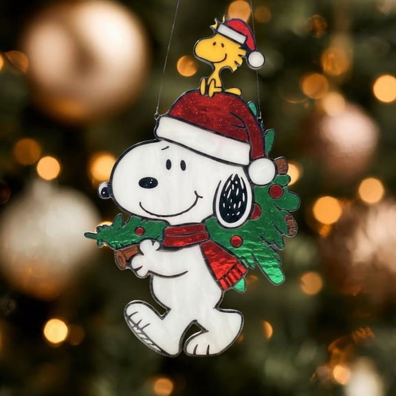 Snoopy Woodstock Christmas Suncatcher Faux Stained Glass Ornament Peanuts Gang Holiday Window Hanging Decor
