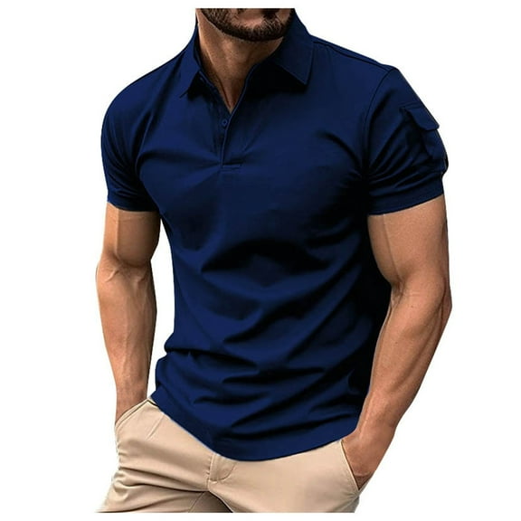 Mens T-Shirt Lapel Button Down Sports With Arm Pockets Solid Color Short Sleeve Casual T Shirts,BU1,L