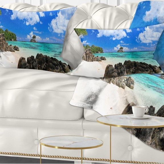 Designart Ideal Beach in Seychelles - Seascape Photography Throw Pillow - 12x20