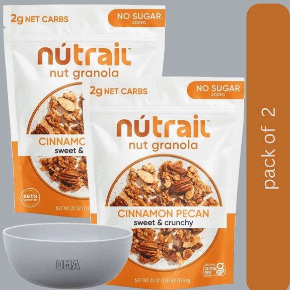 NuTrail Low Carb Keto Nut Granola, Cinnamon Pecan, 22 oz., 2 Pack with bowl by OMA