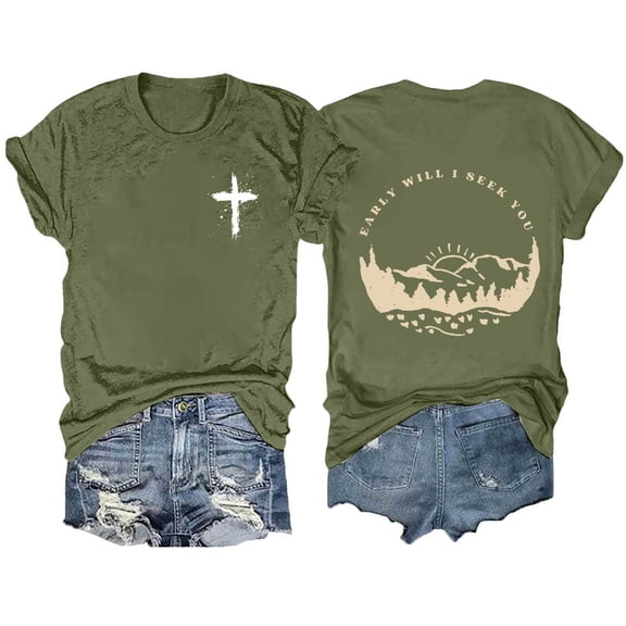 Women's T-Shirts Basic Tops Printed Round Neck Solid Color Short Sleeved Dressy Casual Clothes