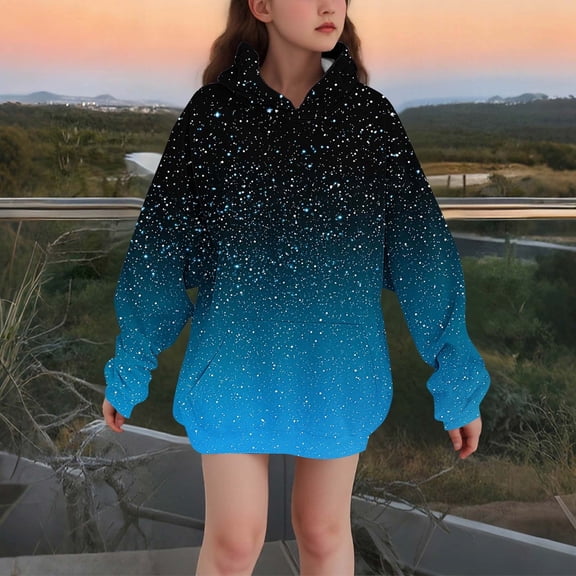 FAIOROI Big Girls Galaxy Hoodie 9-10T Blue Ombre Star Speckle Soft Stretch Lightweight Cosmic Sweatshirt for School/Daily Wear