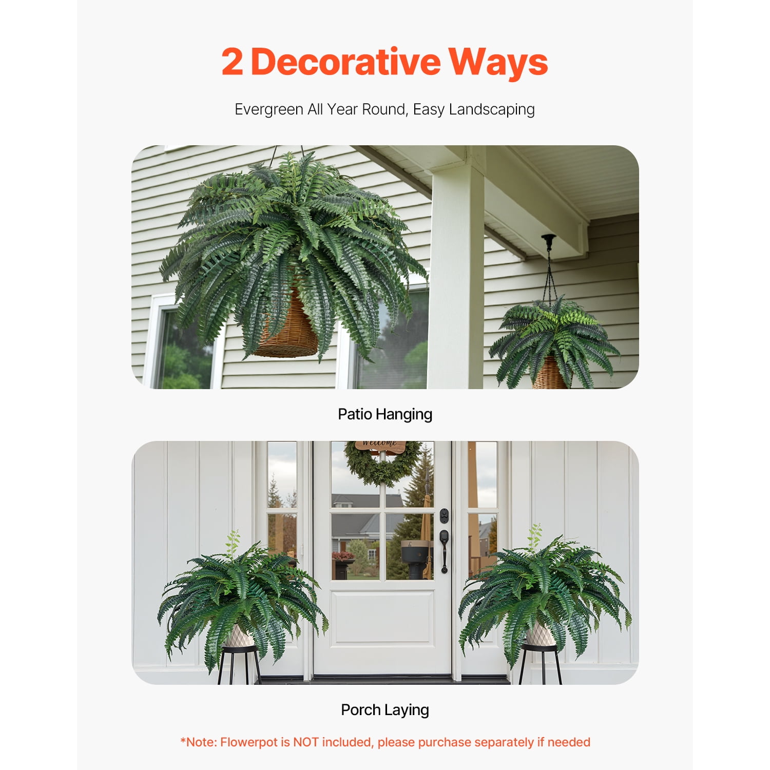 KFFKFF Artificial Ferns with 43-47 Inch Spread, Large Hanging Boston Ferns, Fake Plant Wall Decor with 88 Branches, Faux Fern for Home, Office, and Outdoor Use (Flowerpot Not Included)