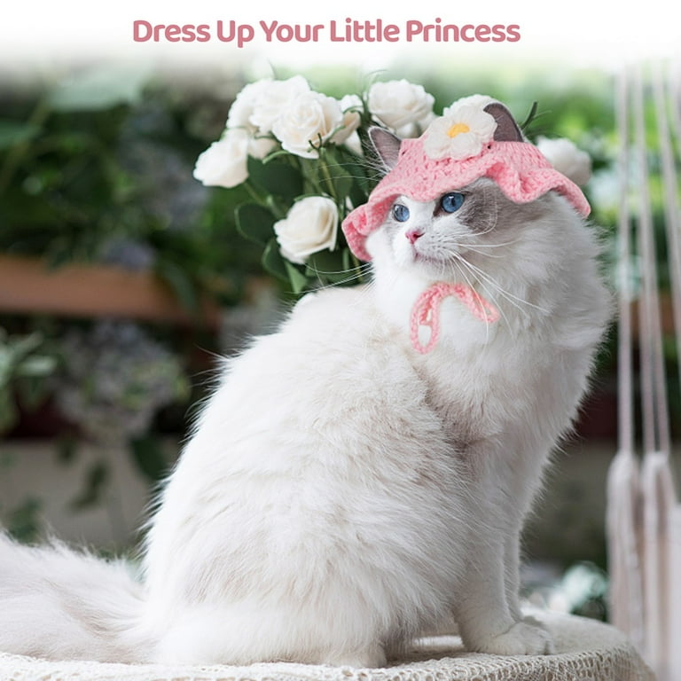 Knitted Cat Hat, Adorable Flower Princess Pet Cap Girly Pink