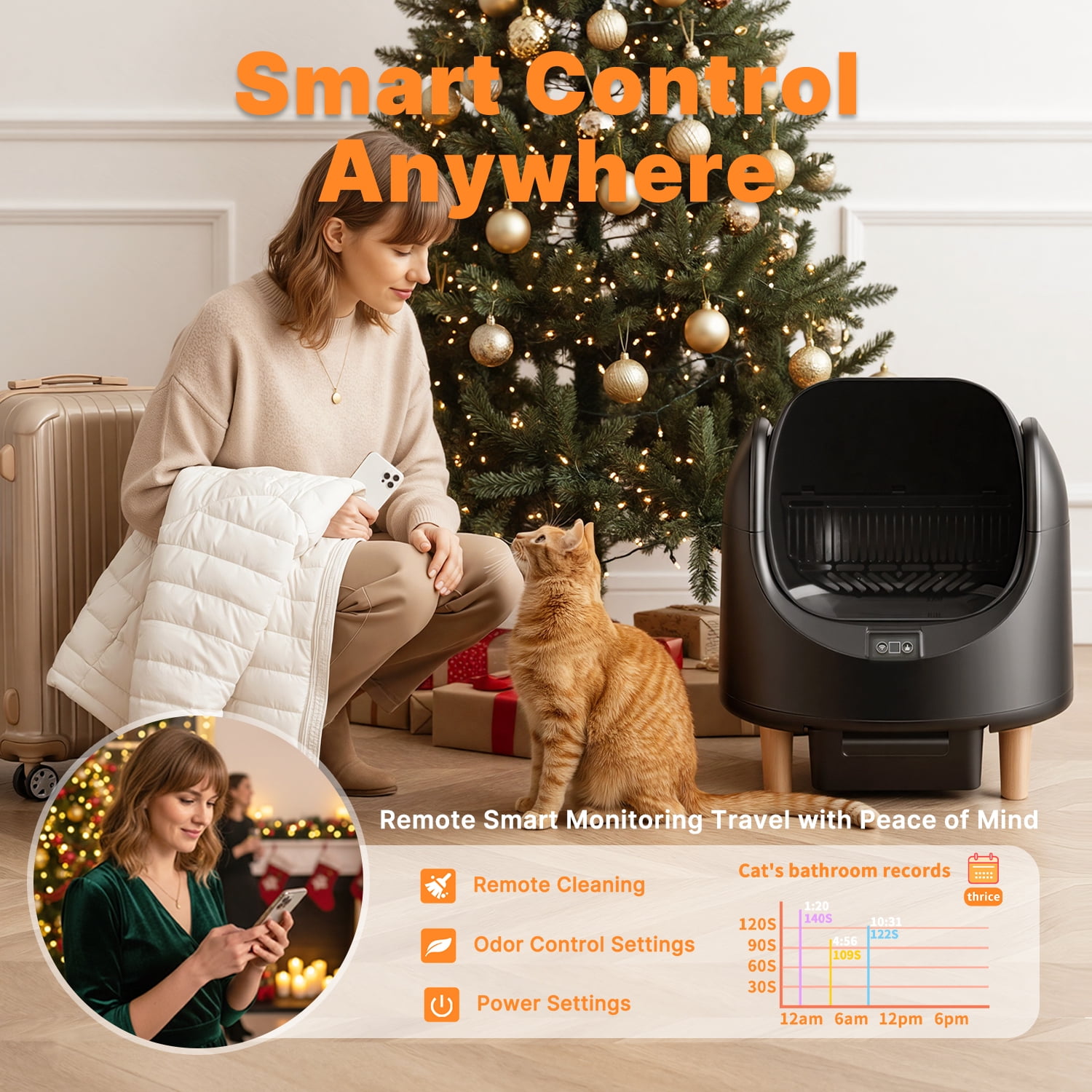 Self Cleaning Cat Litter Box, Open-Top Large Automatic Cat Litter Box with APP Control, Odor-Free Waste Disposal, Black
