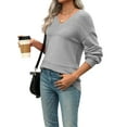 thumbnail image 2 of Women Fall Sweaters Casual Long Sleeve Ribbed Knit V Neck Light-Weight Crochet Pullover Sweater Solid Grey S, 2 of 7