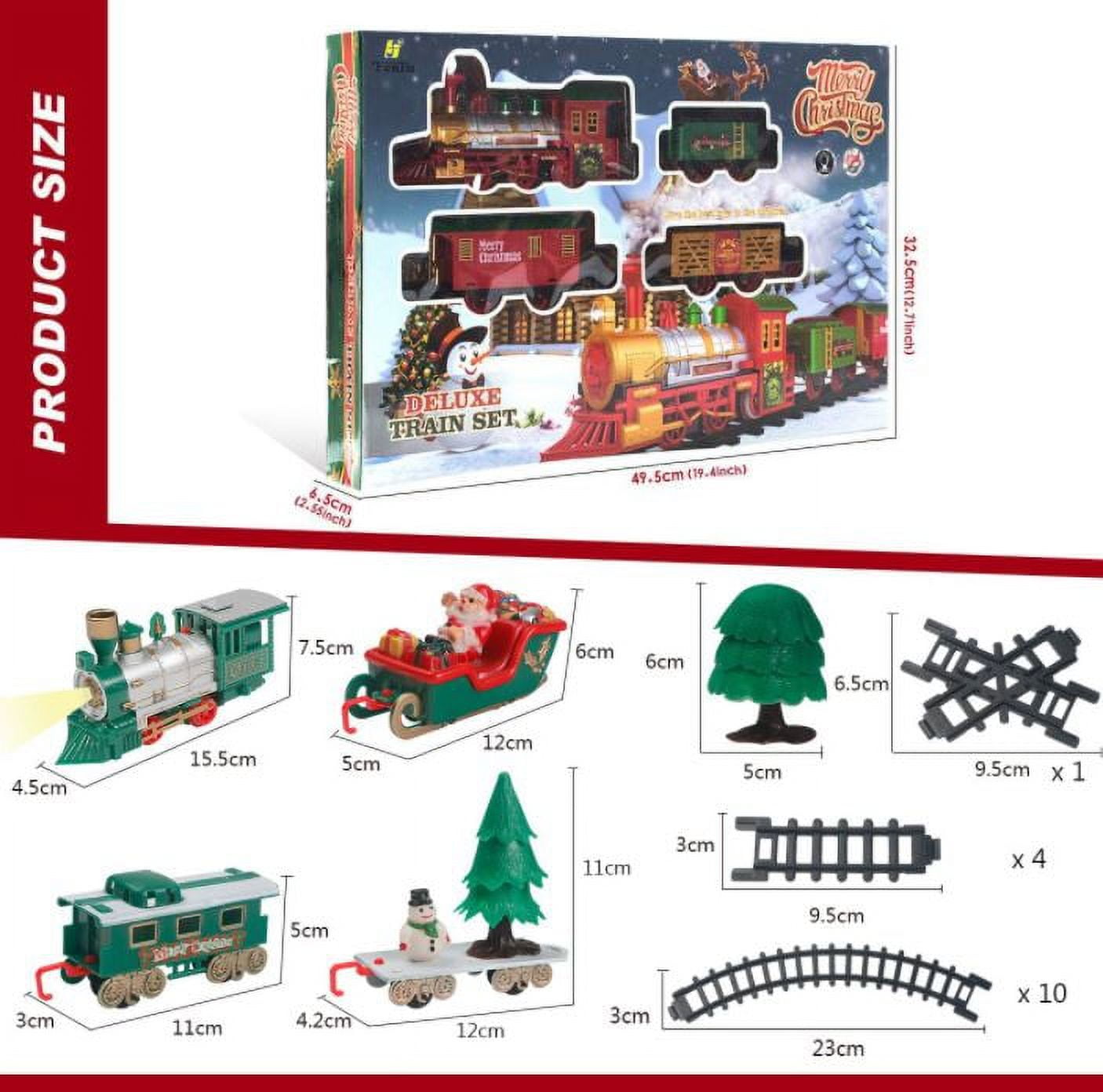 Classic Christmas Train Set with Lights and Sounds, Santa Claus Sleigh, Snowman, Pine Tree, Christmas Spirit Train Set for Under The Tree