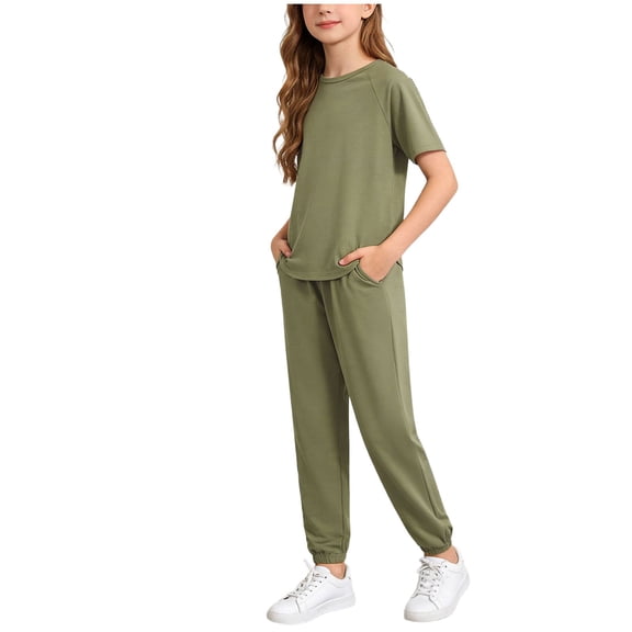 Ruiwill Girls Outfit Set Crew Neck Short Sleeve Solid Color Tops With Pants Set Summer Dailywear Casual Lightweight Girls Clothes Set Size 6-7 Years Army Green
