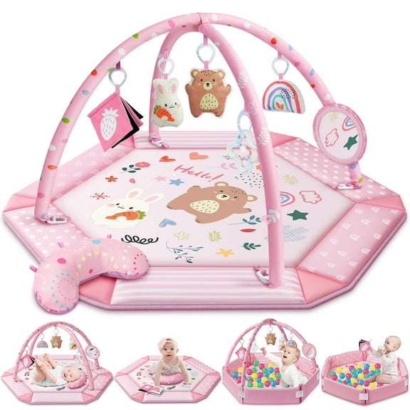 Tapete de gimnasio para bebés Jyusmile 8 en 1 Tummy Time con 6 juguetes, color rosa