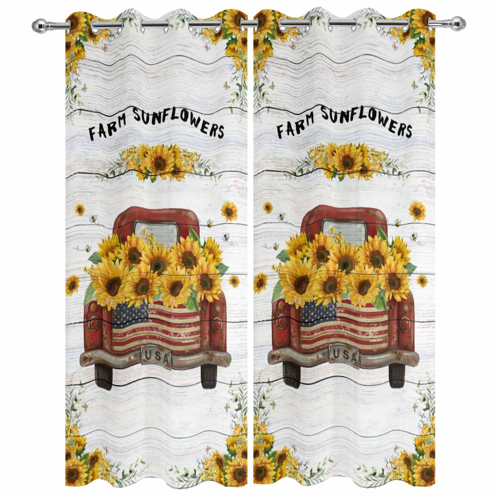Outdoor Curtains for Patio Waterproof, Sunflower Truck Outdoor Privacy Panels Grommet, Summer Botanical Elegant Pastoral Floral Wooden Blackout Outside Curtains for Porch/Cabana 54"x108", 2 Panels