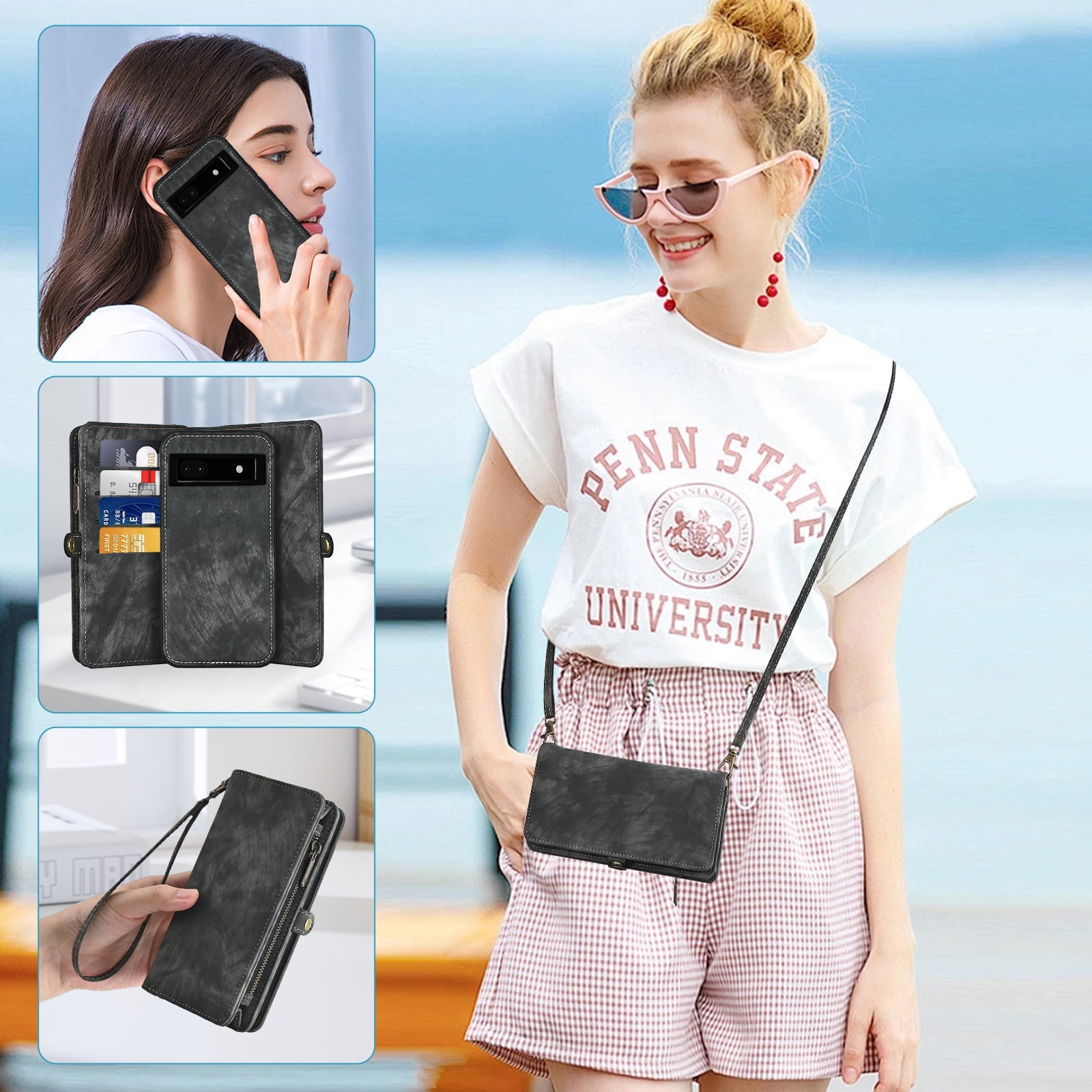 Asuwish Compatible with Google Pixel 6A 5G 2022 Phone Case Zipper Wallet Detachable Tempered Glass Screen Protector Crossbody Lanyard Strap Flip Card Holder Slot Cell Cover for Pixel6A A6 Women Black
