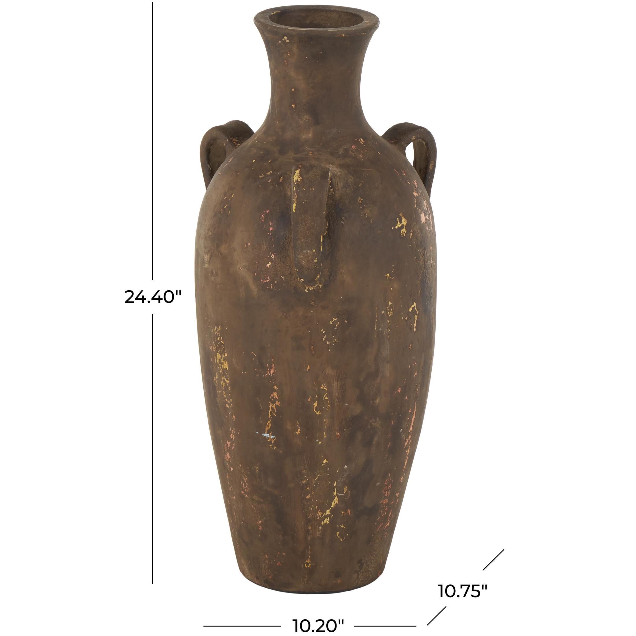 DecMode 24" Antique Style Distressed Dark Brown Ceramic Vase with Handles