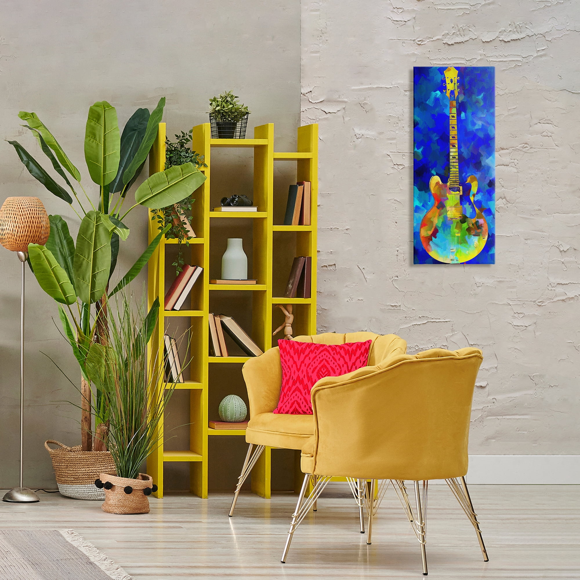 Stupell Industries Abstract Guitar on Blue Entertainment Painting Wrapped Canvas Art Print Wall Art, 13 x 30