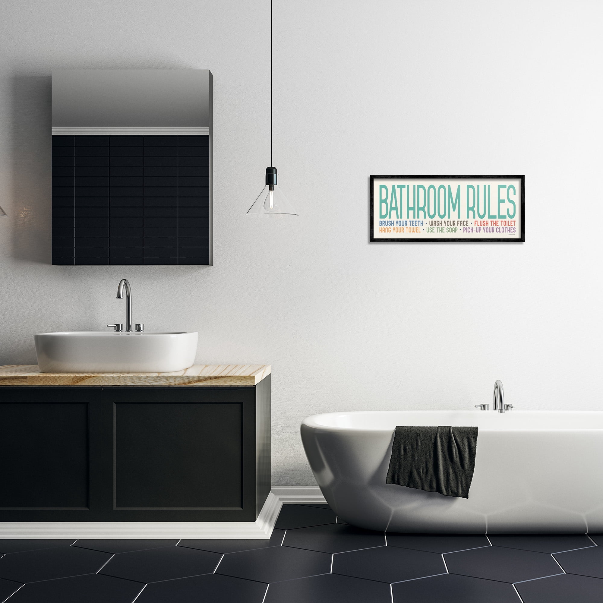 Stupell Industries Bathroom Rules with Teal Text Abstract Painting Black Framed Art Print Wall Art, 24 x 10