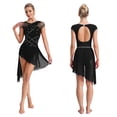 thumbnail image 5 of inlzdz Womens Shiny Rhinestone Lyrical Dance Leotards Short Sleeve Ruched Mesh Splice Figure Ice Skating Dress Black L, 5 of 6