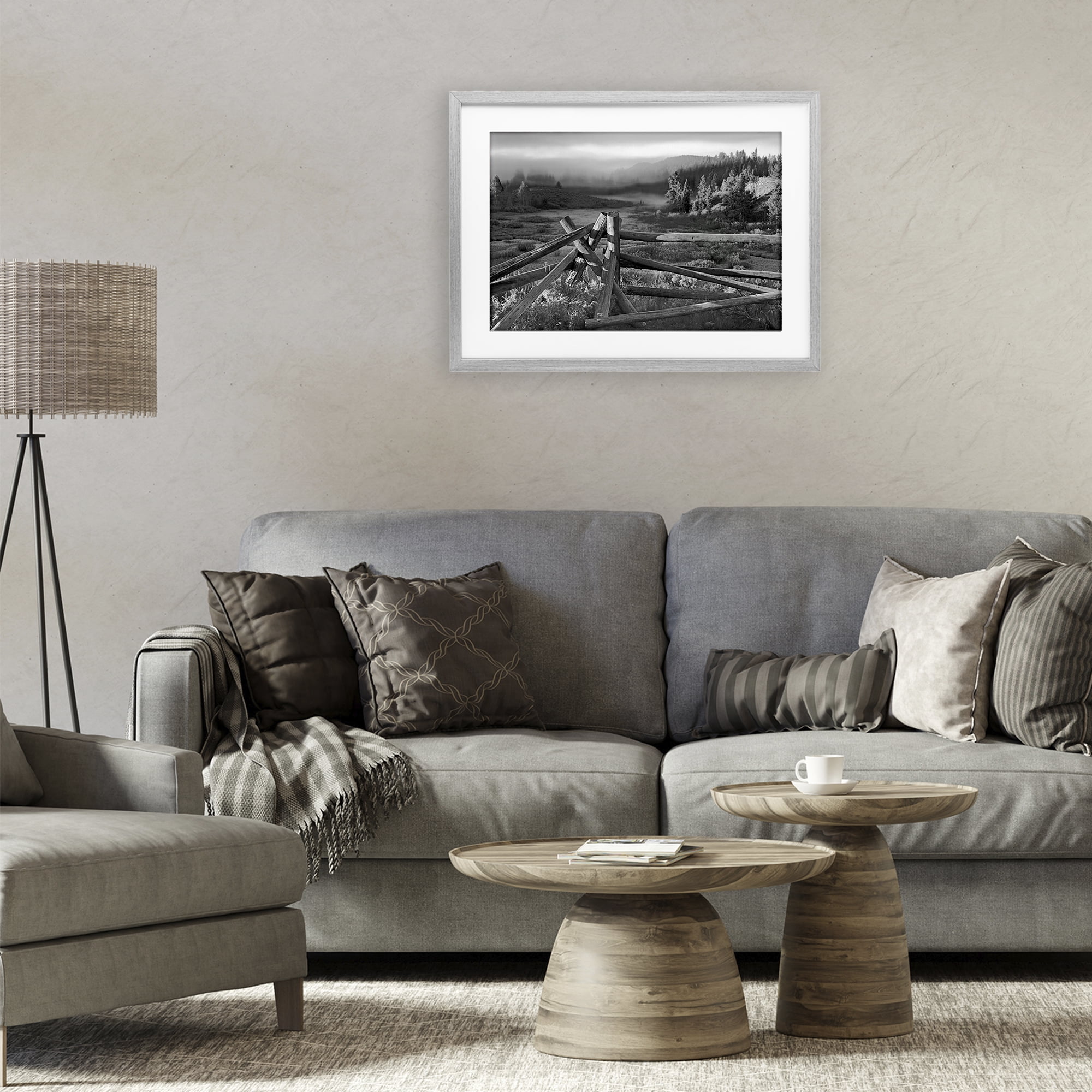 Grand Tetons Fence Beyond Gray Framed Print Under Glass, design by MJ Photography