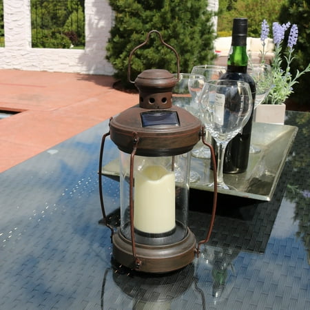 Sunnydaze Outdoor Antique Hanging Solar Lantern with LED Light and Candle,
