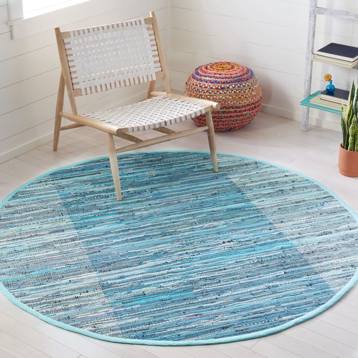 SAFAVIEH Rag Romeo Striped Fringe Cotton Area Rug, Light Blue/Grey, 6' x 9'