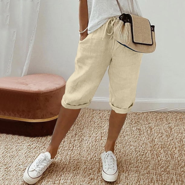 WILLBEST Pantalones Casuales para Mujer, Cómodos, a La Moda, Lisos, con Bolsillos Grandes, Elásticos, Capri para Uso Diario Chica
