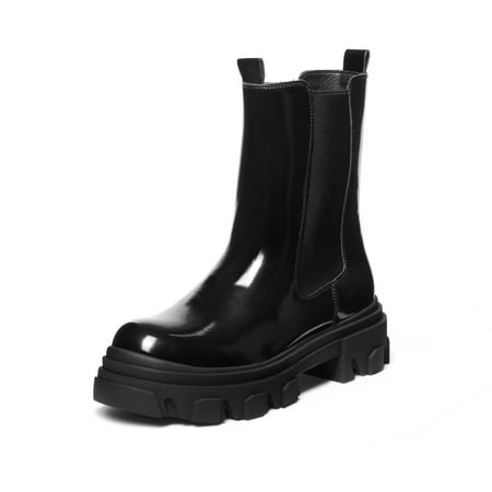 

DREAM PAIRS Women s Fashion Platform Chelsea Boots Combat Mid Calf Slip On Chunky Ankle Booties DMB212 BLACK Size 6.5