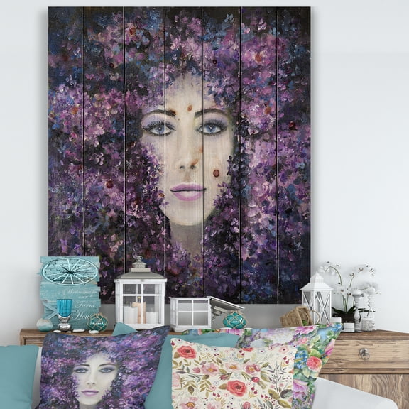 Designart 'Portrait of A Lady With Purple Lavender Flowers' Modern Print on Natural Pine Wood