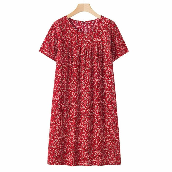Middle Aged & Elderly Women's Cotton Sleep Dress Summer Short Sleeve Loose Fit Nightgown, Soft Breathable Plus Size Homewear Dress by Hontri