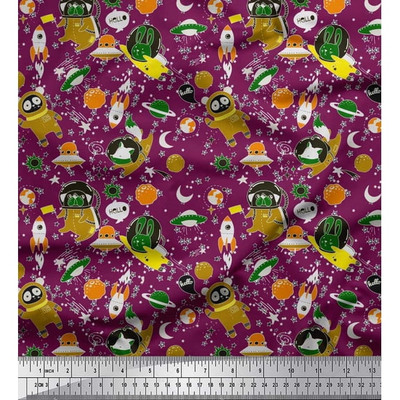 Soimoi Poly Georgette Fabric Star,Astronaut Animals & Spaceship Cartoon Fabric Prints by Yard 42 Inch Wide