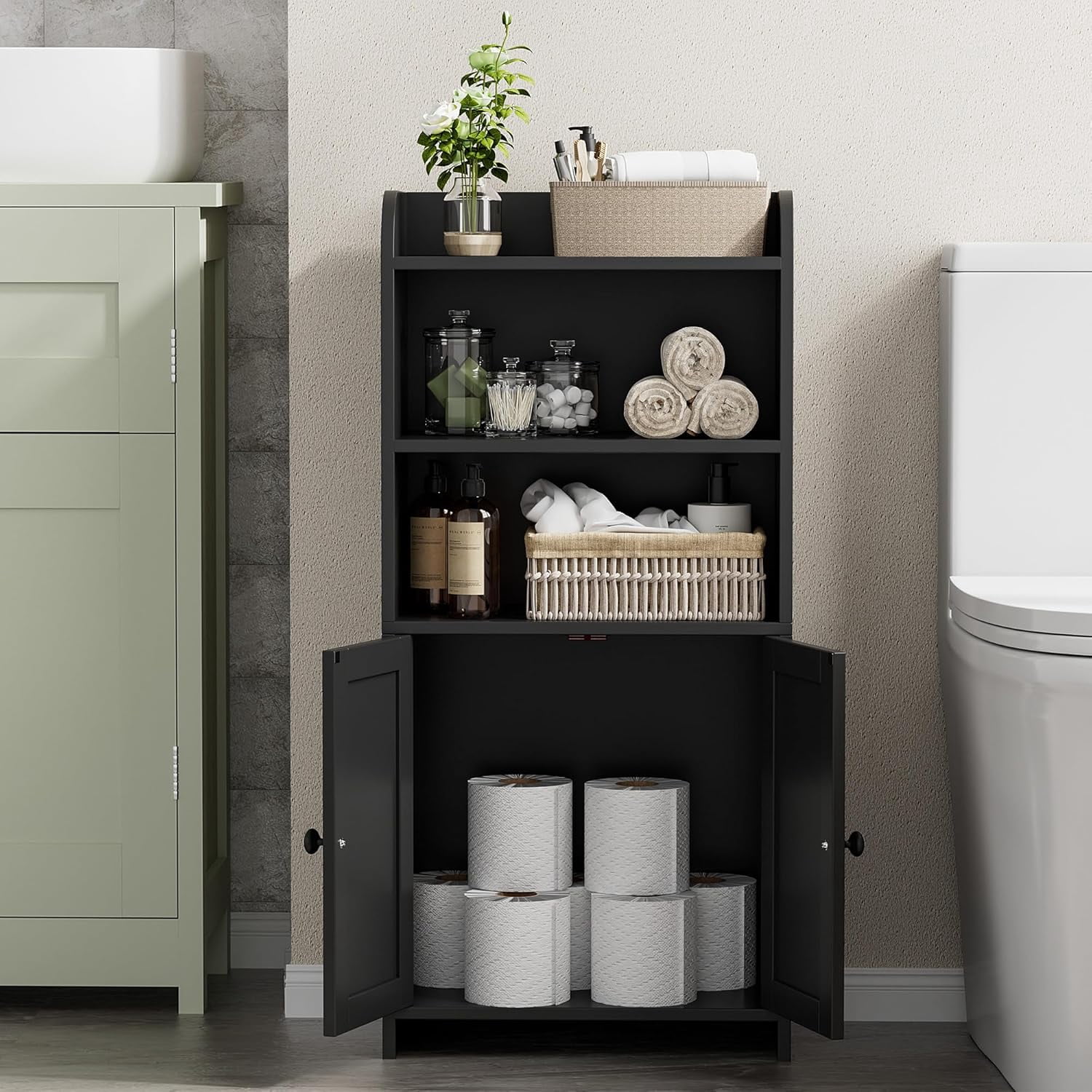 Small Bathroom Storage Cabinet, Freestanding Toilet Paper Storage with 2 Doors and Shelves, Bathroom Organizers and Storage for Small Spaces, Laundry Room, 7.9" D x 14.6" W x 31" H, Black