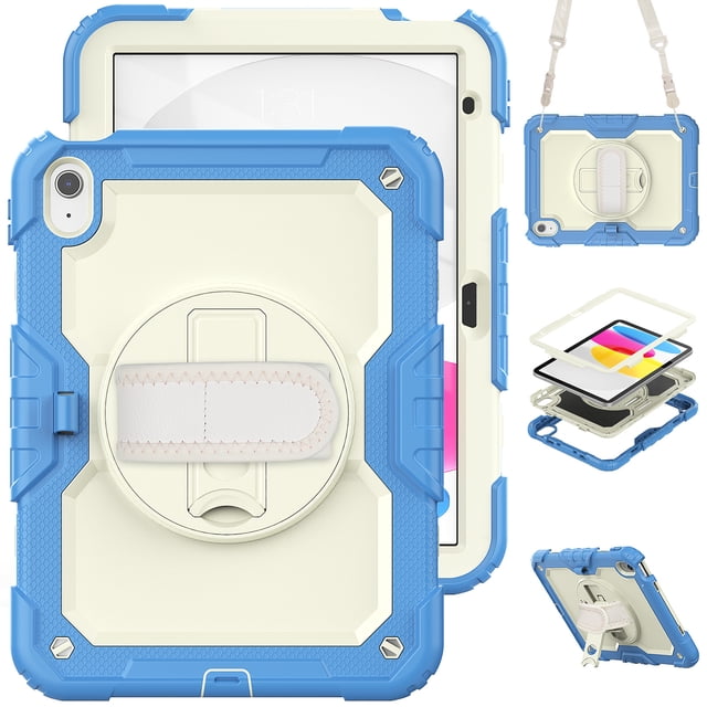 XYX For iPad (A16)11th /10th Generation 11/10.9 inch 2025/2022 Case, 360 Rotating Shockproof Cover with Stand, Screen Protector, Shoulder Strap, Cream Navy