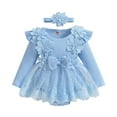 thumbnail image 1 of Rhoudy Barboteuse de Printemps pour Filles, Col Rond, Manches Longues, Florale, Combinaison en Dentelle, Robe, Ensemble avec Bandeaux, Bleu, 6-9 Mois, 1 of 7