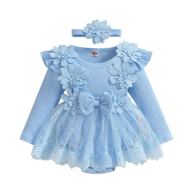 Rhoudy Barboteuse de Printemps pour Filles, Col Rond, Manches Longues, Florale, Combinaison en Dentelle, Robe, Ensemble avec Bandeaux, Bleu, 6-9 Mois