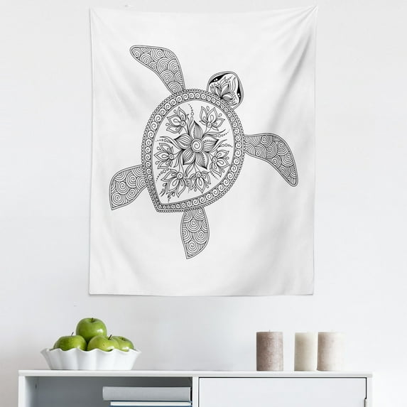 Black and White Tapestry, Turtle Design Tattoo Style Doodles Floral Ornaments, Fabric Wall Hanging Decor for Bedroom Living Room Dorm, 5 Sizes, White Black, by Ambesonne