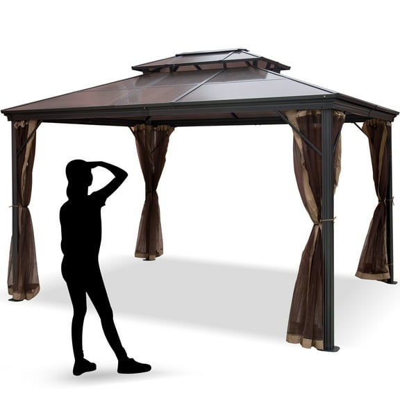 VEVOR 10' x 10' Hardtop Gazebo, Brown Double Roof Mosquito Netting