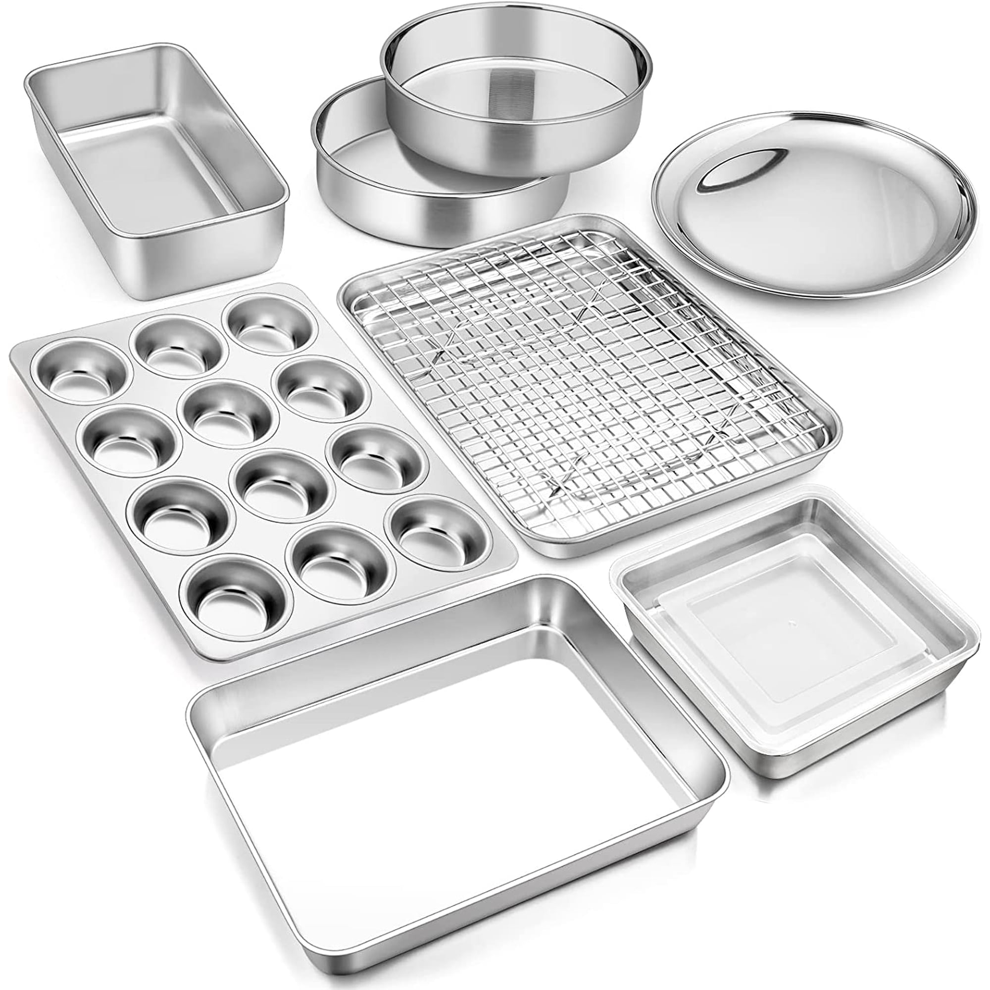 10 Piece Baking Pans Set, Vesteel Stainless Steel Bakeware Set for Oven, Include Cake Pan/Baking Cookie Sheet/Pizza/Muffin/Loaf Pan, Non-Toxic & Heavy Duty, Dishwasher Safe
