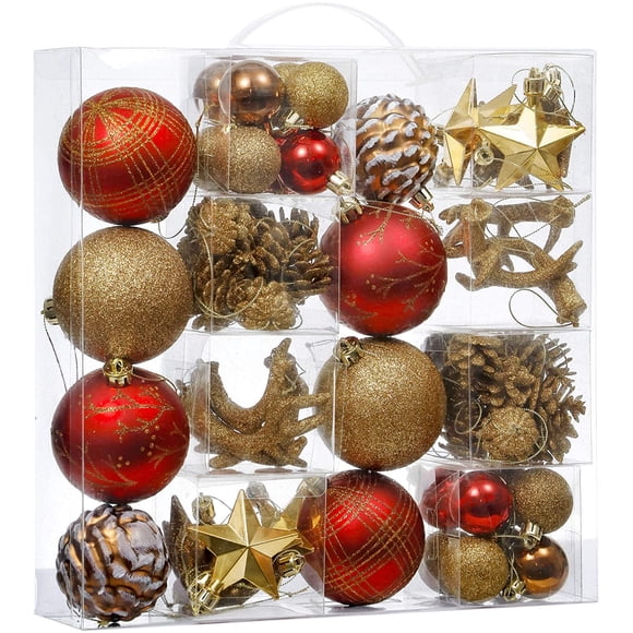 Christmas Ornaments Set, 70ct Red and Brown Shatterproof Christmas Tree Decorations, Woodland Hanging Ball Ornaments Bulk for Xmas Holiday Decor