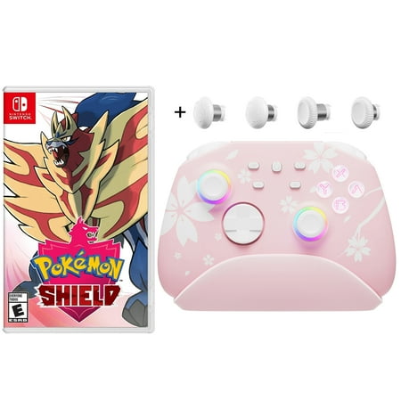 Pokémon Shield Game Disc and Upgraded Switch Pro Controller for Nintendo Switch/PC/IOS/Android/Steam with Hall Effect Joysticks Triggers Pink