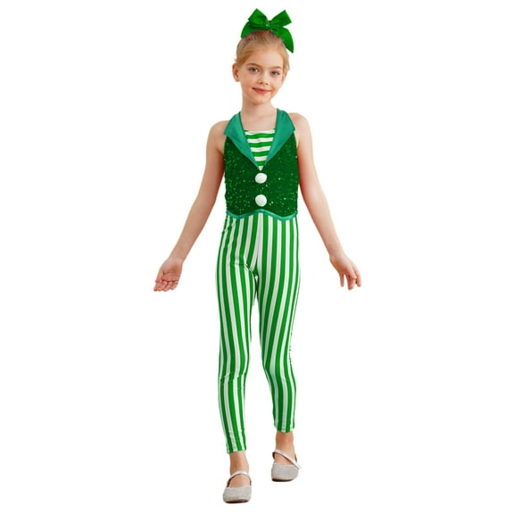 Ocealan Kids Girls Christmas Candy Cane Jumpsuits Sequins Stripes Dance Unitard for Stage Performance Green 8