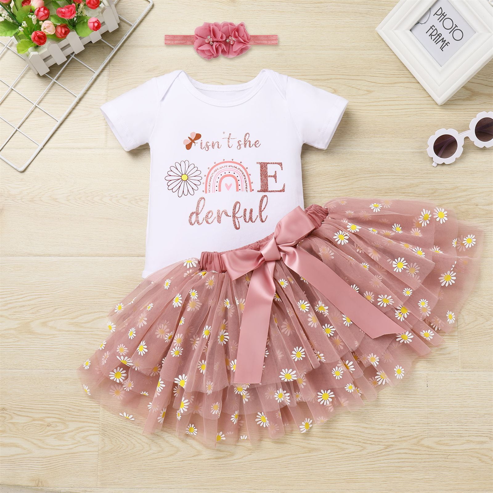 IBTOM CASTLE Infant Baby Girls 1st Birthday Outfits Short Sleeve Romper + Tutu Skirt + Headband 3PCS Set for Cake Smash Photoshoot 1 Year Dusty Pink & Daisy