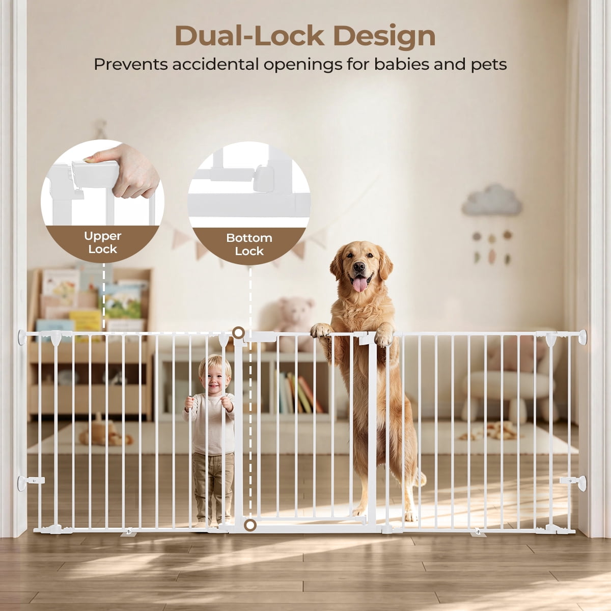 Pet Safety Gate, Caveen 3Panels 80" Extra Wide Iron Gates for Doorway Kitchen Playard, White