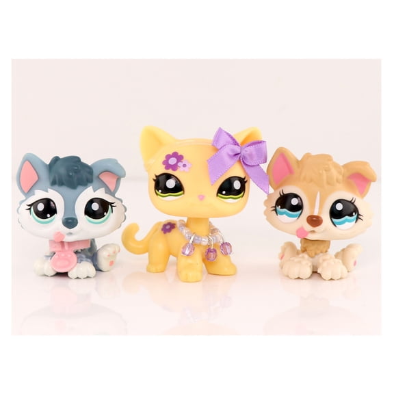 3 pcs Minilpsshop Little Cat Dog Figurines Toys,Husky Puppy #1013 #2036 Shorthair Cat #1962 Collectible Mini Pets