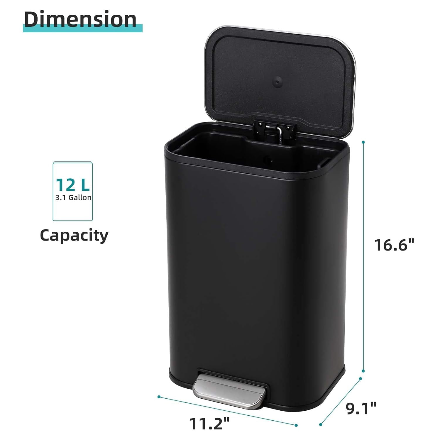 3.2 Gallon Bathroom Trash Can with Lid, Stainless Steel Foot Pedal Step Waste Bin, Removable Inner Bucket, Rectangular Small Garbage Can for Kitchen, Living Room, Black