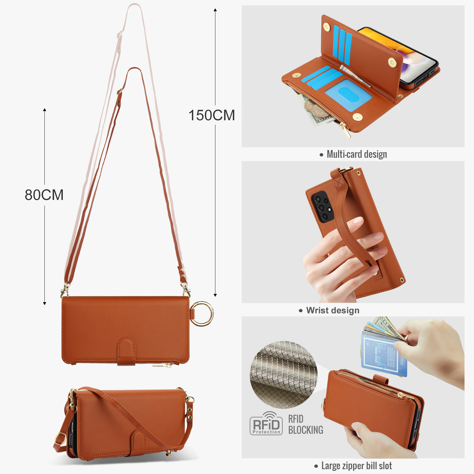 ELEHOLD For Samsung Galaxy A53 5G Phone Case Leather Crossbody Zipper Card Wallet Flip Case Kickstand Cover, with Ring Holder,Full Body Protection-Brown