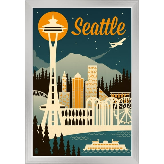 Seattle, Washington - Retro Skyline - Lantern Press Artwork (16x24 Giclee Art Print, Gallery Framed, Silver Wood)