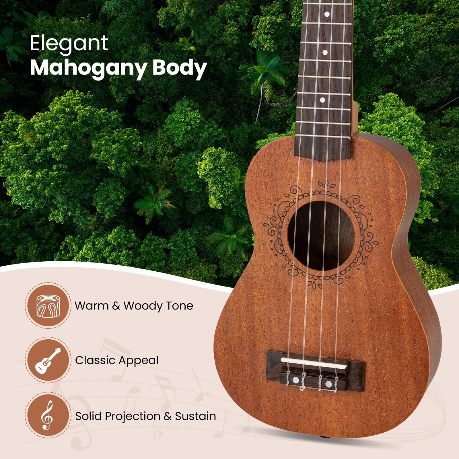 Costway 21" Soprano Mahogany Wooden Ukelele Set with Gig Bag, Pick, Adjustable Strap Natural