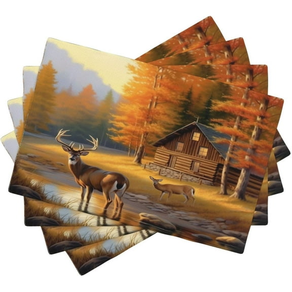 Rustic Deer Placemats, Natural Vintage Old Oil Painting Style Forest Lodge Hunting Elk Wildlife Print Washable Fabric Placemats Table Kitchen Dining Party 12x18 Inch Set of 4