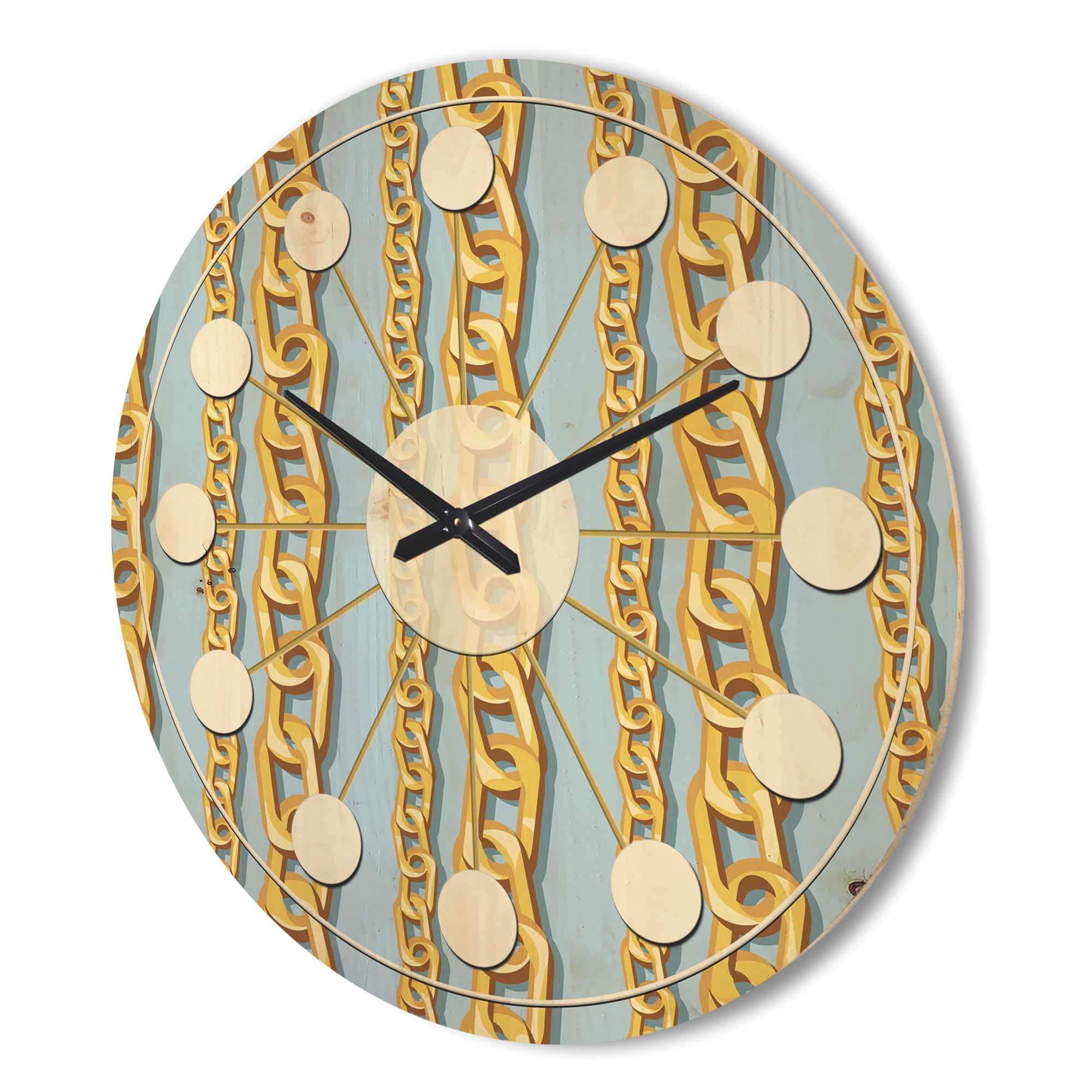 Designart 'Gold Chain Pattern on Blue' Mid-Century Modern Wood Wall Clock