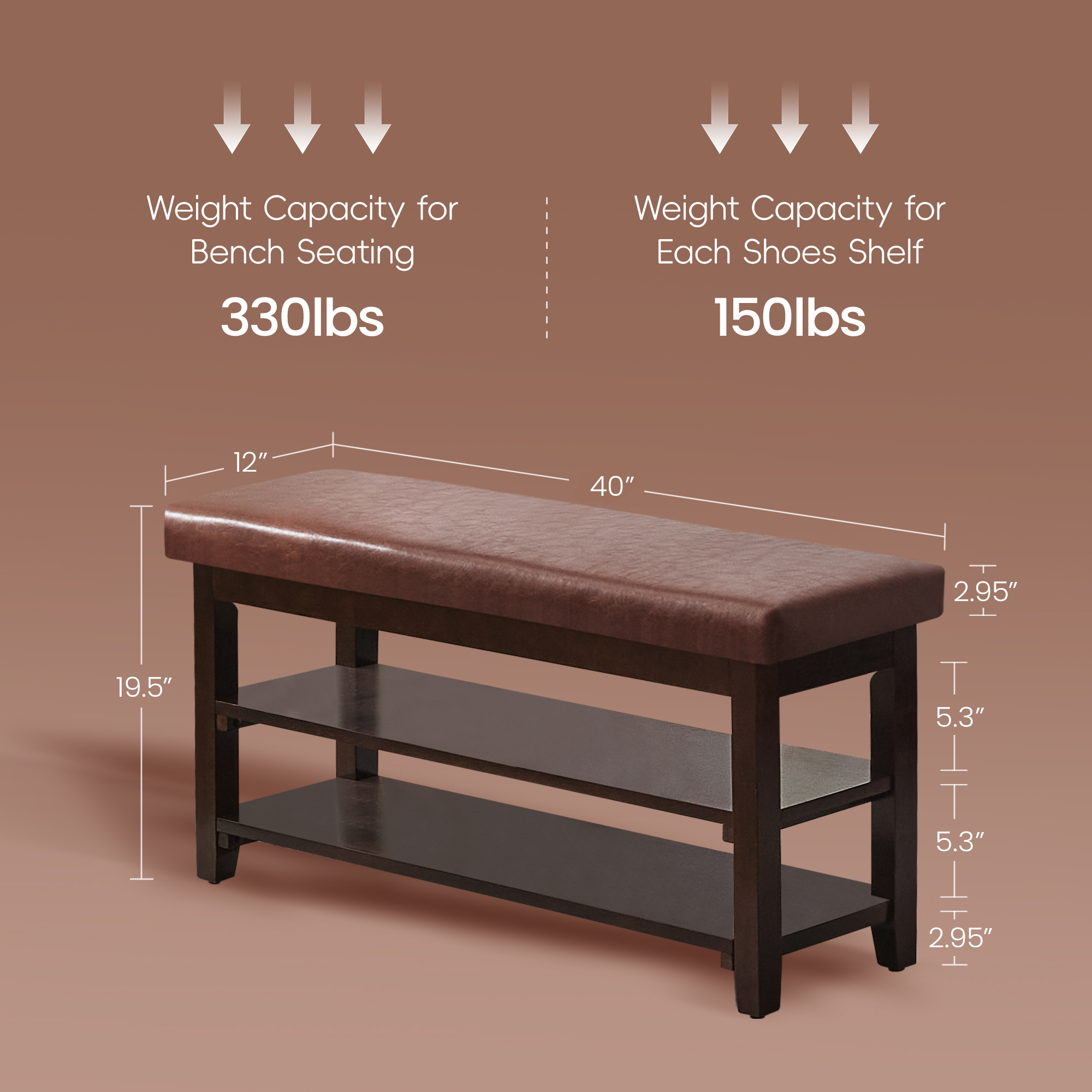 40" Shoe Bench with Leather Cushion, 2-Tier Shoe Rack Entryway Bench, Wood Bench for Front Door Entrance, Mudroom, Hallway, Wooden Shoe Shelves, Shoe Organizer, Shoe Storage, Brown