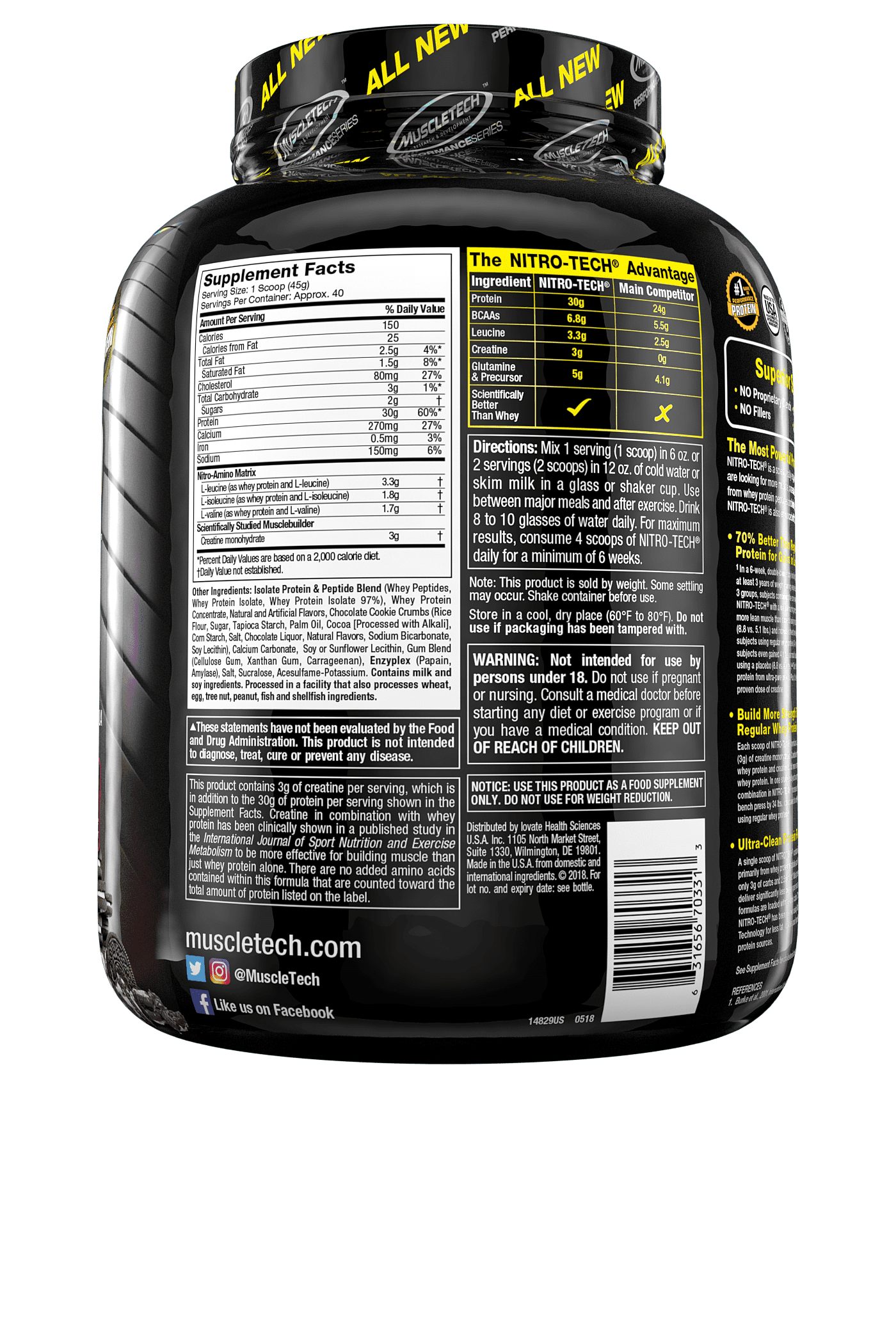 【即日発送】Muscletech Nitro Tech 4lbs 1.81 kg Nitro-Tech™ Whey Protein, Cookies and Cream, 4 lbs (1.81 kg)